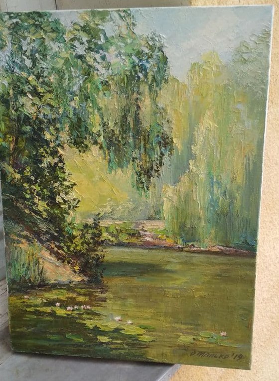 Old pond with lilies / Summer landscape in green tones. Original oil painting