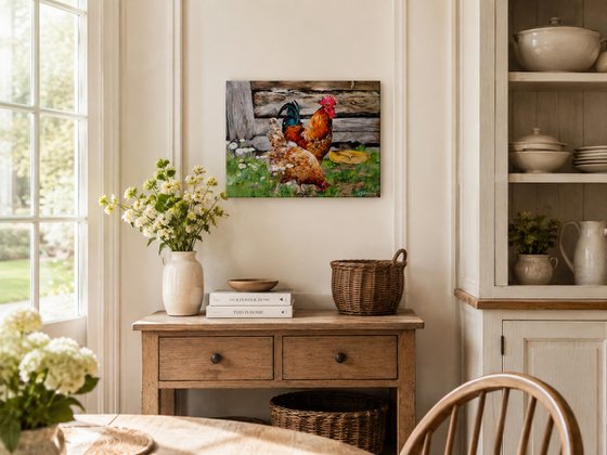 Rooster and Hen in Barnyard