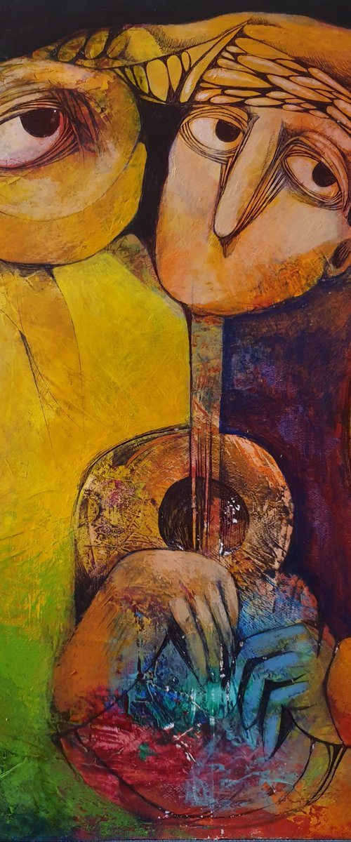 The musician and the bird (Acrylic painting, 40x50cm, ready to hang) by Liana Asatryan