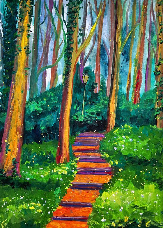 Forest Original Gouache Painting, Green Wall Art, Trees Artwork, Cottagecore Home Decor