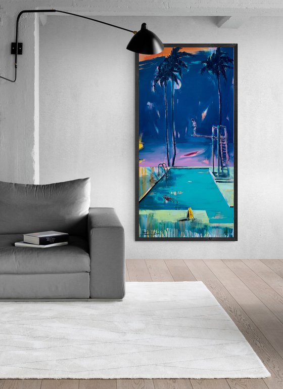 Big vertical painting - "Jump moment" - Pop Art - Palms - Swimming pool - Diptych