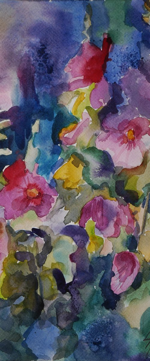 Pink hollyhocks by Elena Lykhodid