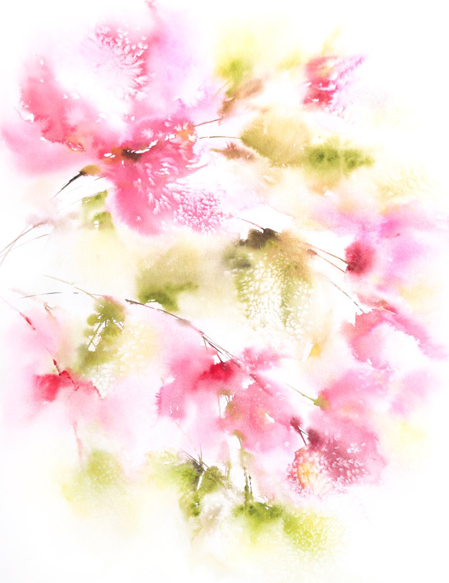 Pink floral bouquet, watercolor abstract flowers by Olya Grigo