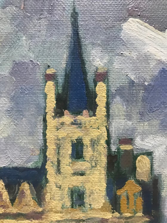 Original Oil Painting Wall Art Signed unframed Hand Made Jixiang Dong Canvas 25cm × 20cm Cityscape Wandering in The Town Centre Oxford Masked Rider Small Impressionism Impasto