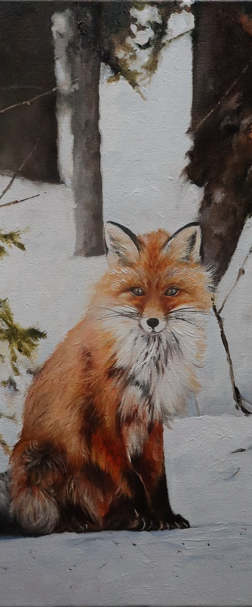 Red Fox Portrait Original Painting on Canvas - Winter Woodland Animal Wall Art by Natalia Shaykina