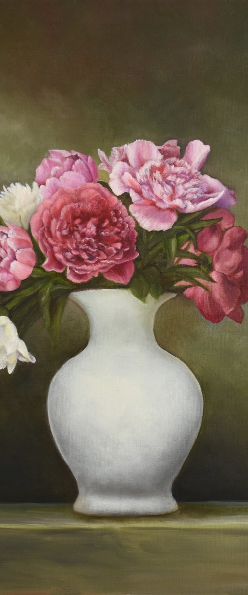 Peonies in a white vase by Aida Taha