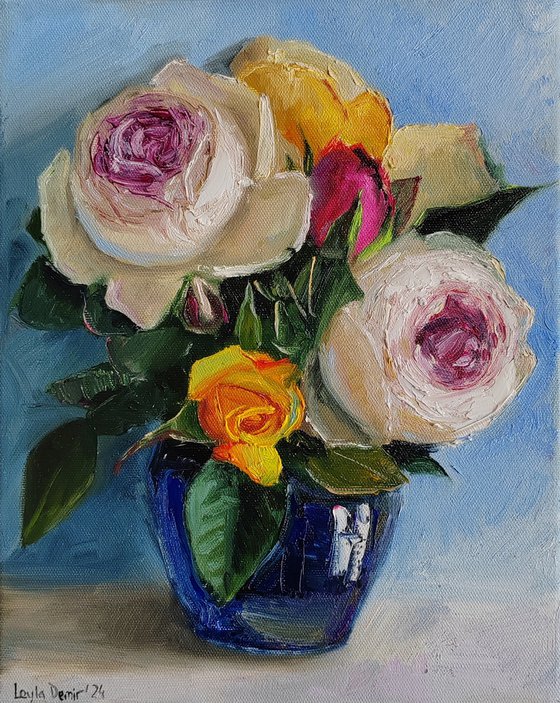 Pink and white roses bouquet in porcelian vase oil painting original still life 10x12"