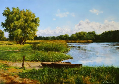 Old wooden boats on the river bank, Serene Summer Landscape by Natalia Shaykina