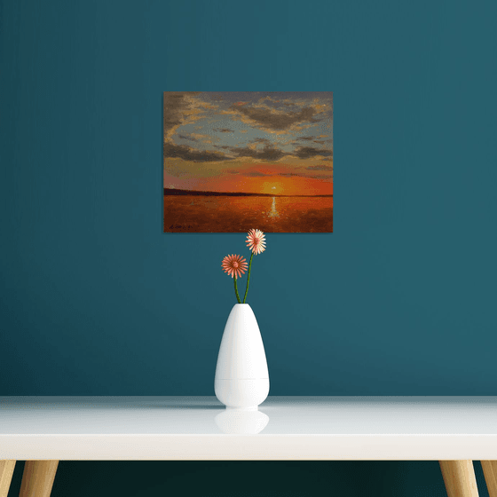 Sunset Over The Lake - original sunny landscape, painting