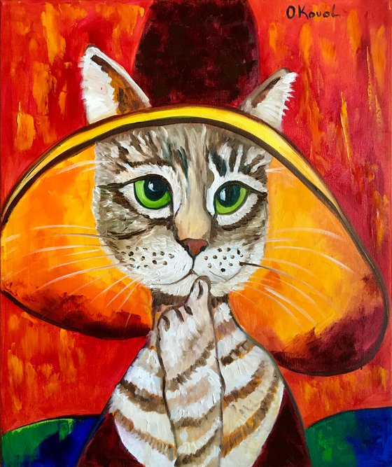 Cat - thinker at in a hat,  inspired by Amedeo Clemente Modigliani