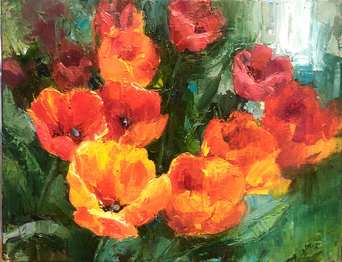 Blooming Tulips Painting Original Floral Oil On Canvas Impressionist Art 12x16 by Emiliya Lane