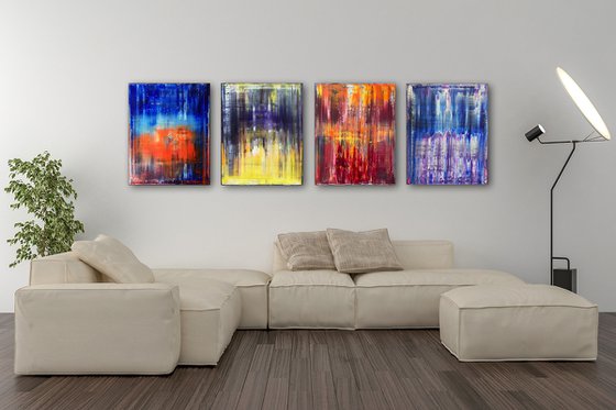 "Melting Point" - Save As A Series - Original Large PMS Abstract Quadriptych Oil Paintings On Canvas - 64" x 20"