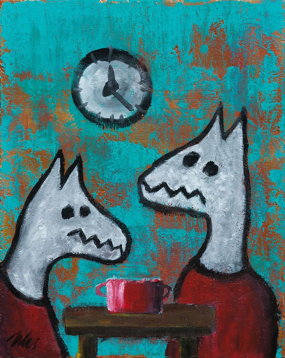 Naive Animal Acrylic Painting By Peter Zelei, 16 X 20", Lunch, Original Artwork