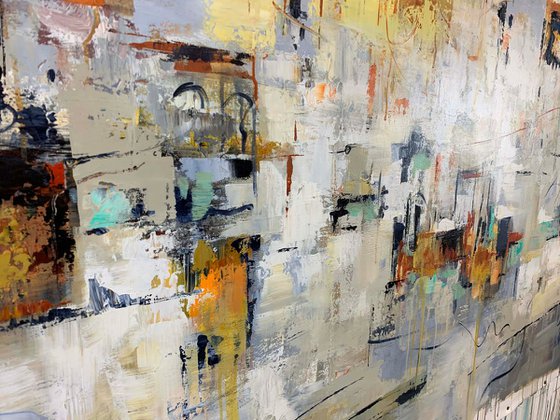 Most of All - Extra Large Oversize Abstract Painting 71" x 40" , Gray Yellow Gold Leaf Soft Colors White Gray Painting