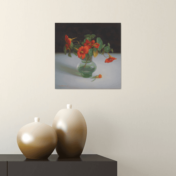 Nasturtiums in green vase