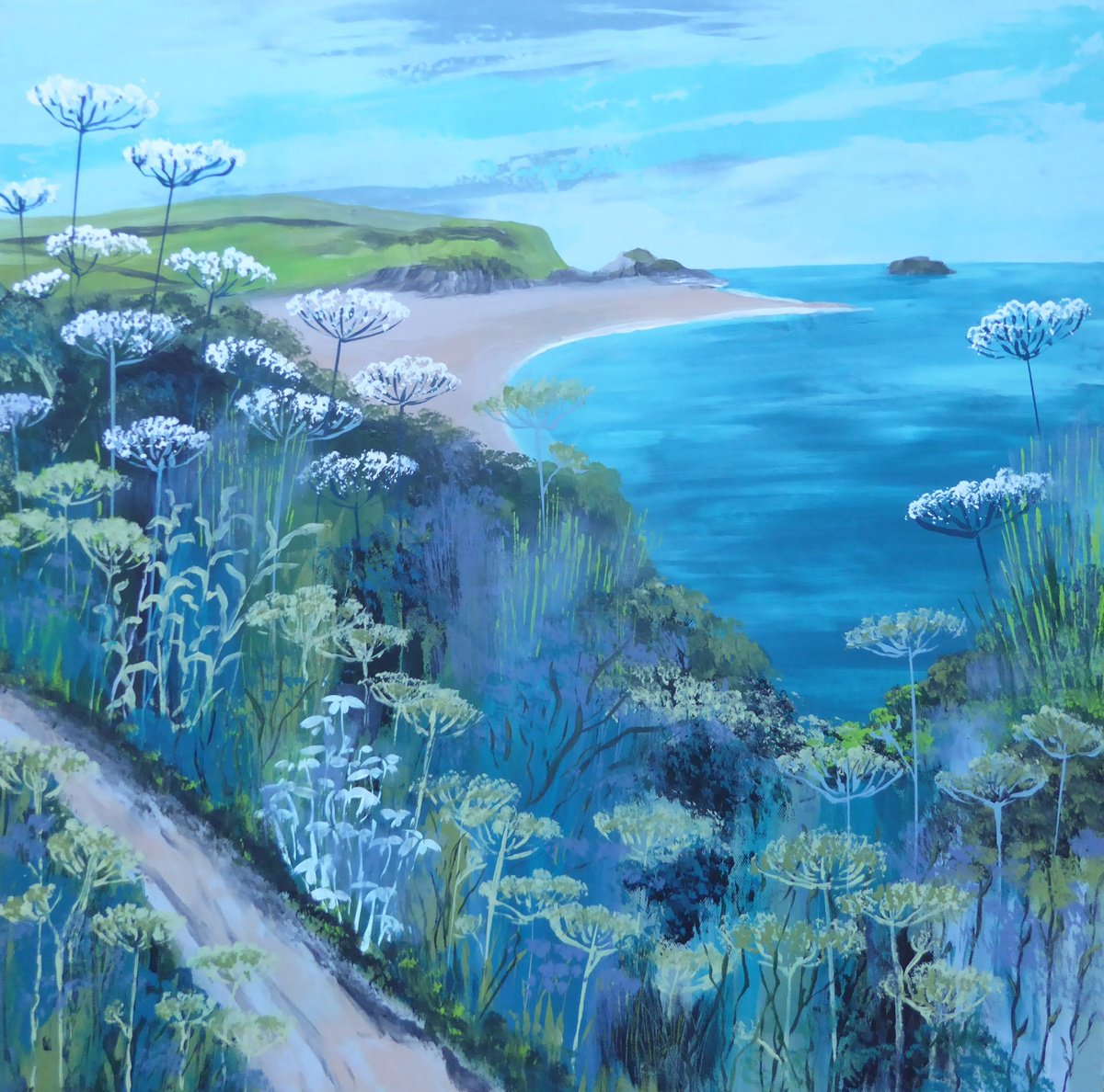 Impressionistic Landscape Acrylic Painting By Elaine Allender, 19 X 19, Coast Path Near Padstow, Original Artwork