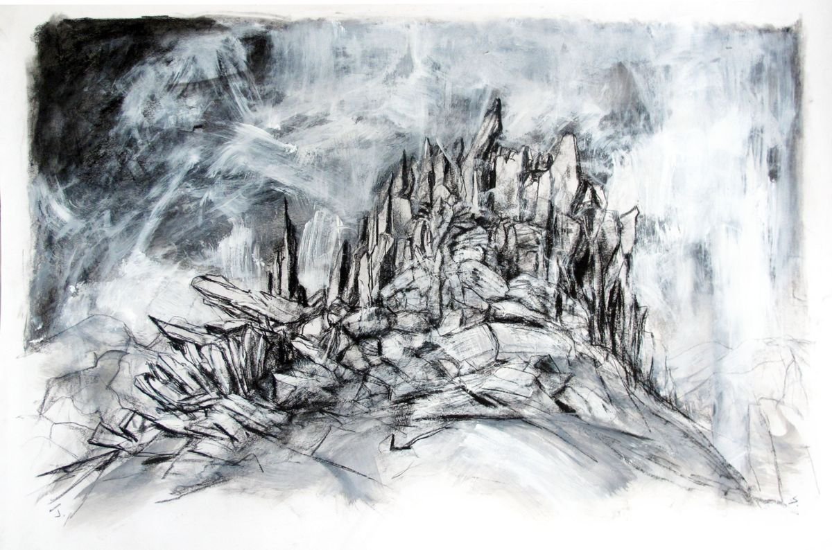 Expressive Landscape Charcoal Drawing By John Sharp, 39 X 26, Castell Y Gwynt 2, Original Artwork