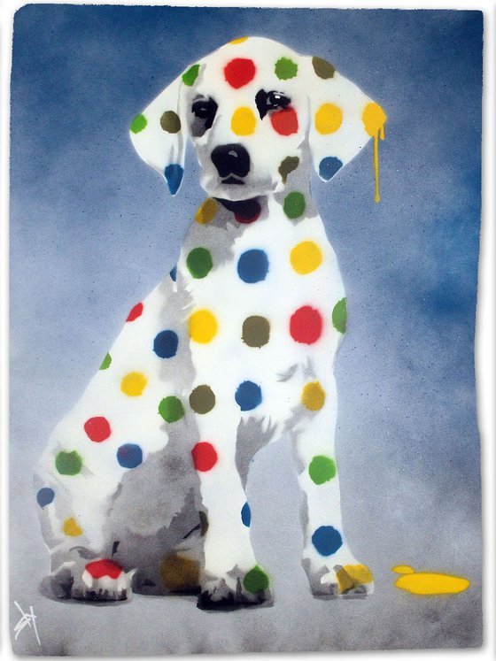 Damien's dotty, spotty, puppy dawg (blue on gorgeous watercolour paper).