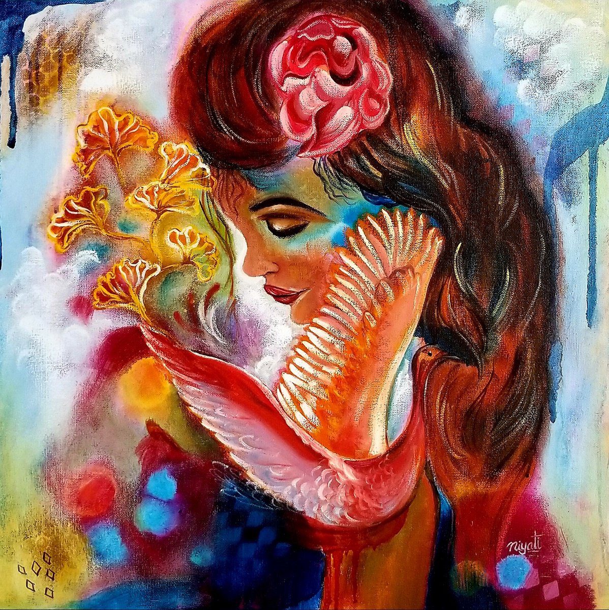 Impressionistic Portrait Oil Painting By Niyati Jiwani, 20 X 20", In My Paradise, Original Artwork