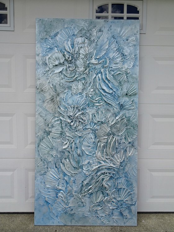 BLUE DREAM. Abstract Blue Silver Gray Vertical Painting with Dimensions