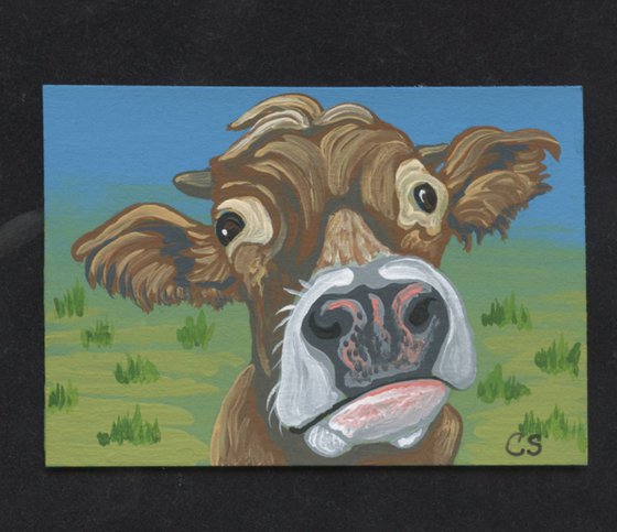 ACEO ATC Original Miniature Painting Brown Cow Farmyard Art-Carla Smale