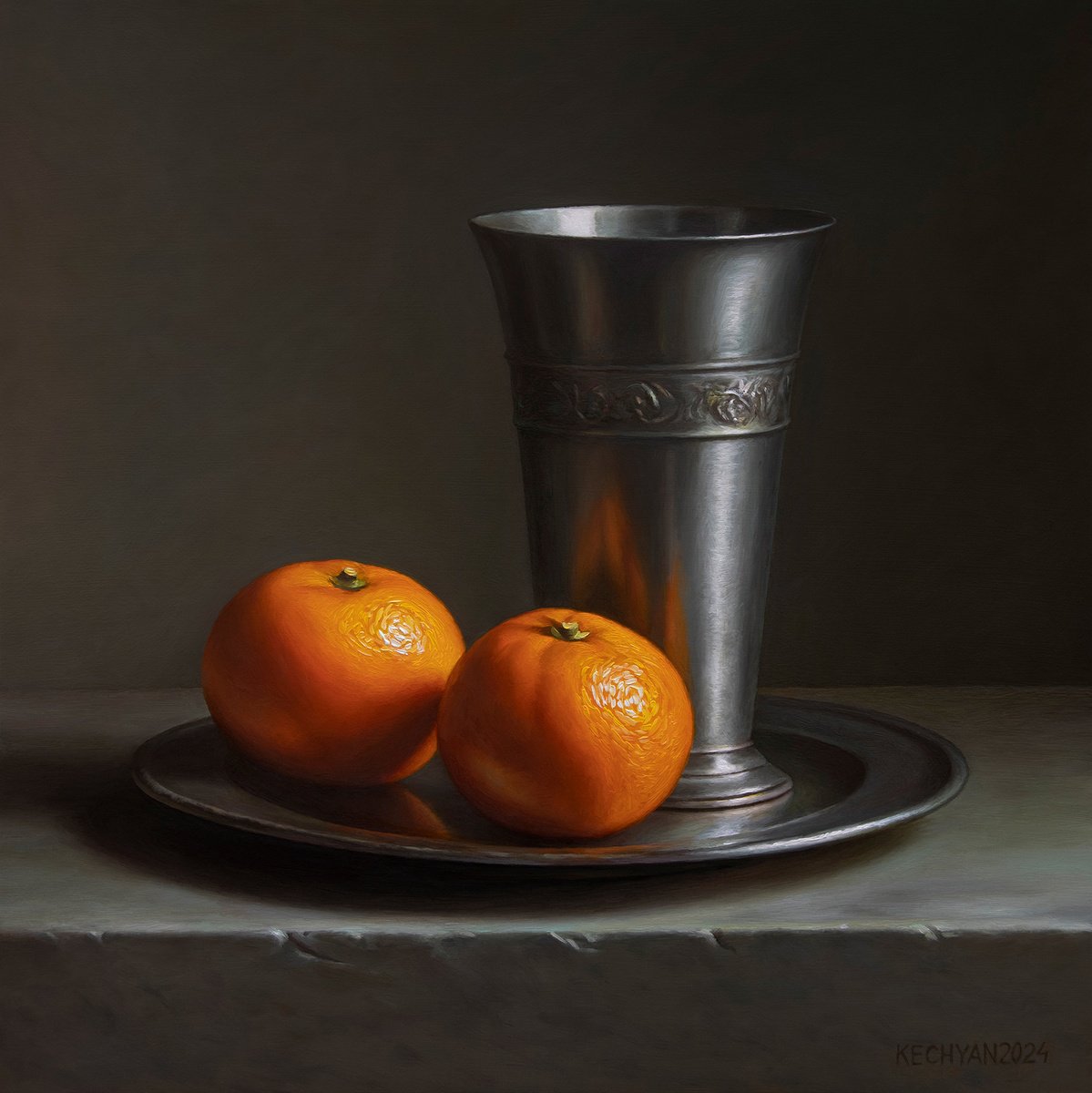 Photorealistic Still Life Oil Painting By Albert Kechyan, 12 X 12, Mandarins With A Pewter Beaker, Original Artwork