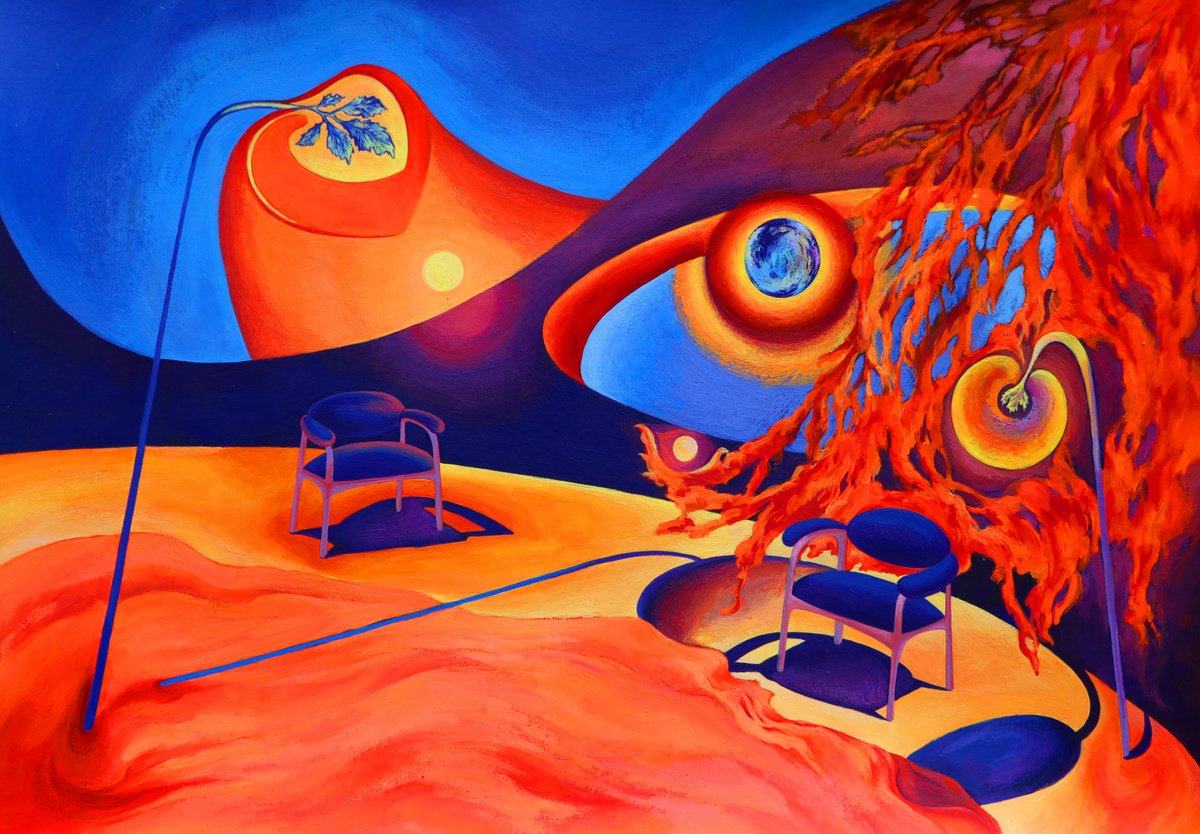 Surrealistic Landscape Acrylic Painting By Tetiana Borys, 17 X 12", Meeting Point, Original Artwork