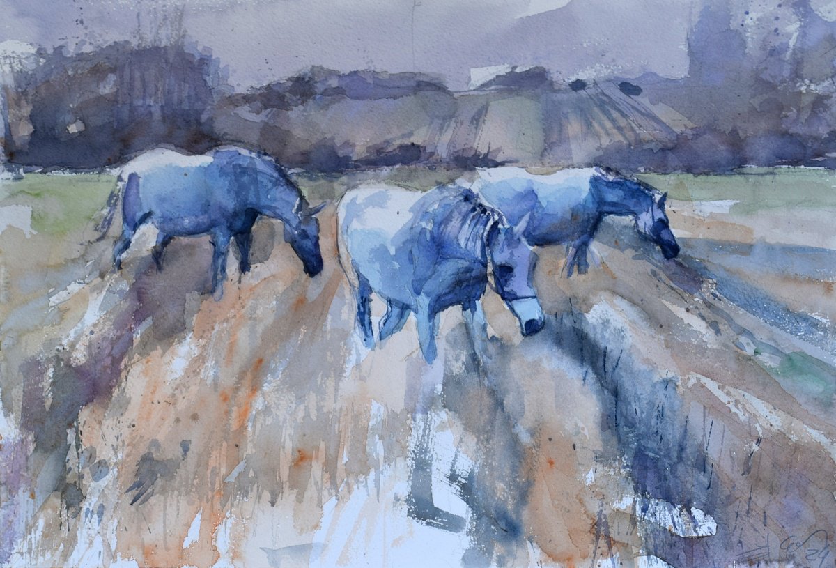 Expressive Animal Watercolour By Goran Zigolic Watercolors, 22 X 15, Three Horses In The Wheatfield, Original Artwork
