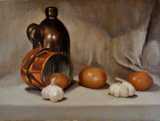 Still life with eggs and garlic