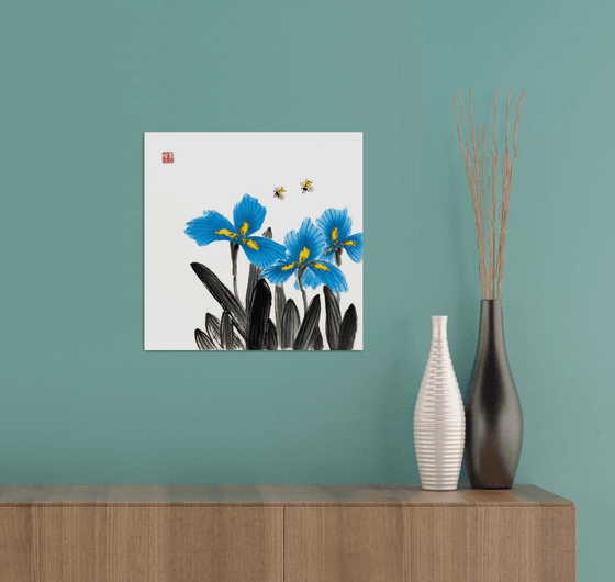 Blue Irises and Dancing Bees