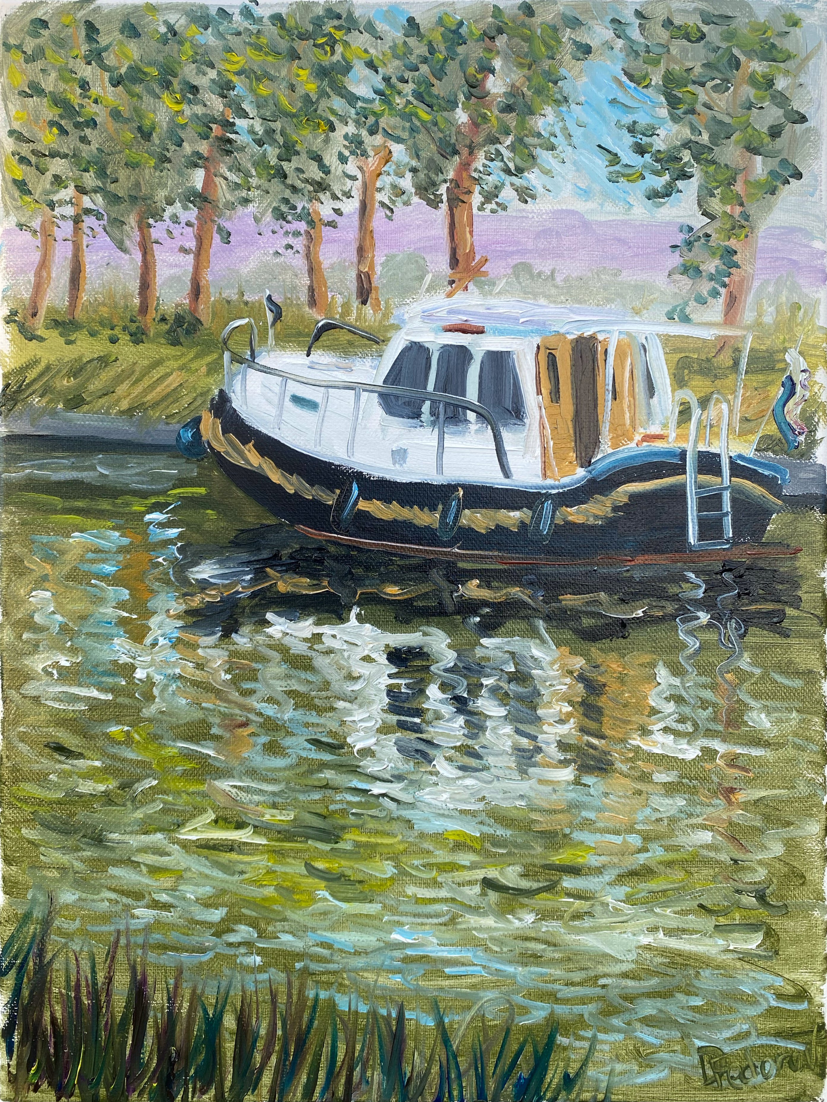 Impressionistic Landscape Oil Painting By Dmitry Fedorov, 12 X 16, Dutch Canal Boat, Original Artwork