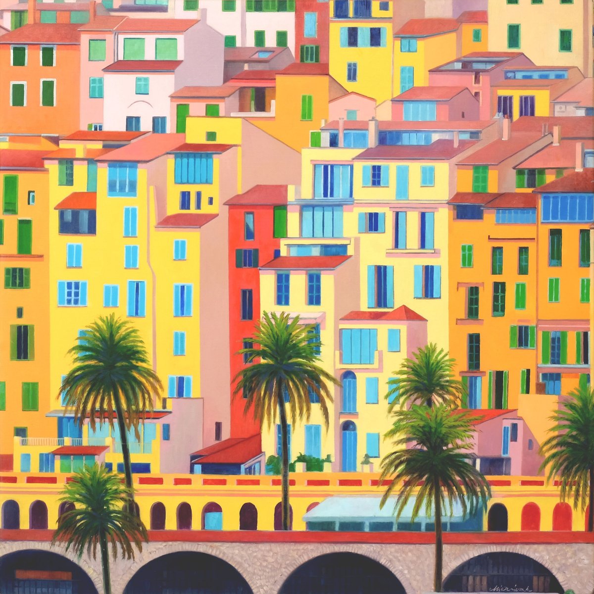 Urban And Pop Cityscapes Oil Painting By Richard Mierniczak, 39 X 39", Menton 2., Original Artwork