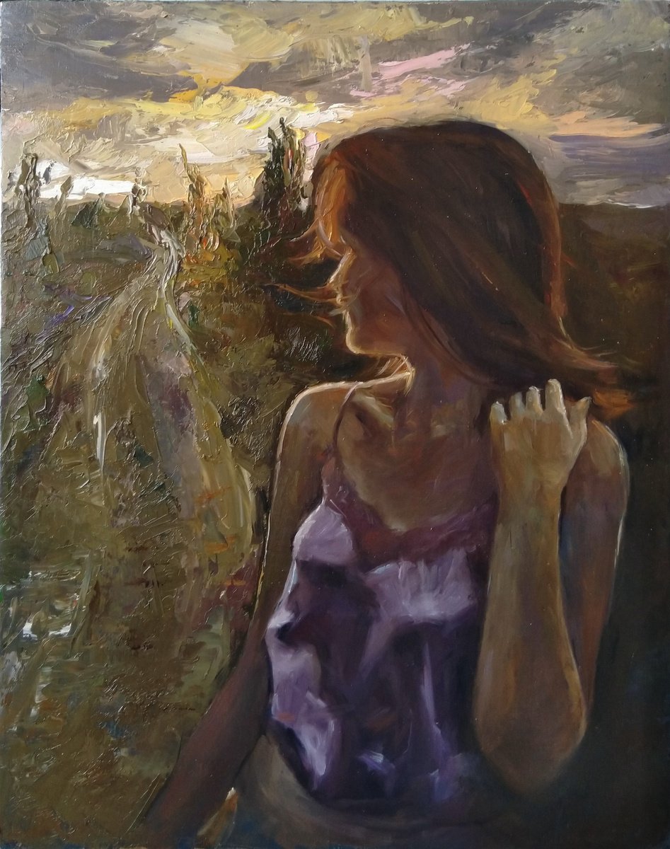 Impressionistic Portrait Oil Painting By Kamsar Ohanyan, 16 X 20", Summer Wind, Original Artwork