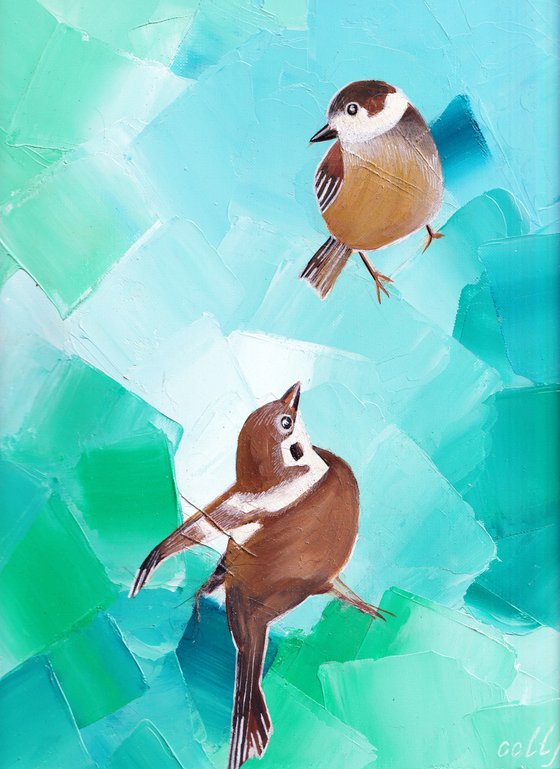 Painting "Sparrow conversation" / Birds painting / Birds in flight
