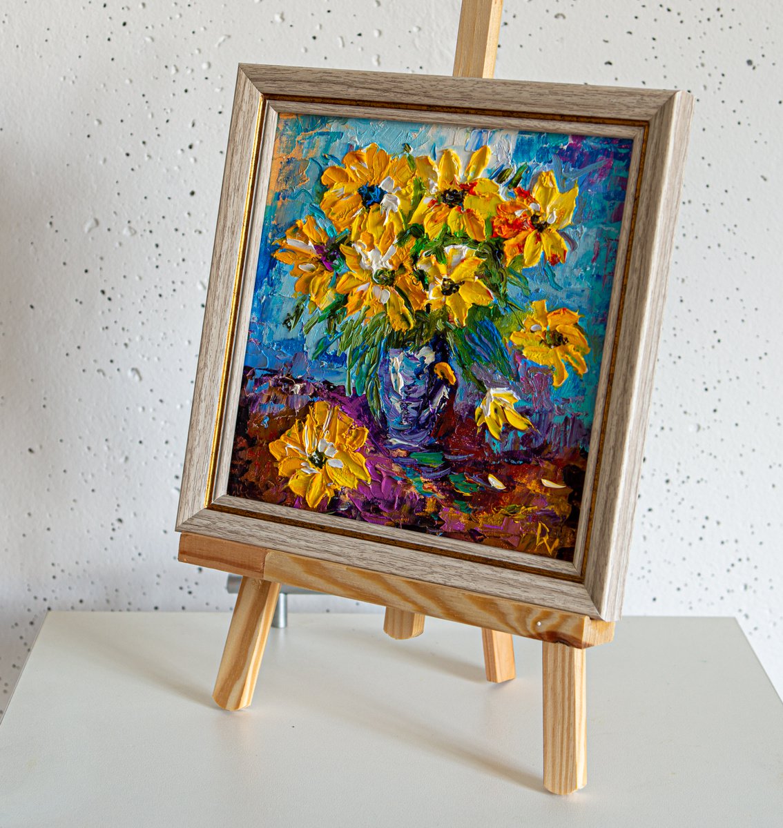 Impressionistic Still Life Oil Painting By Vladyslav Durniev, 9 X 9", Yellow Flowers(Framed), Original Artwork
