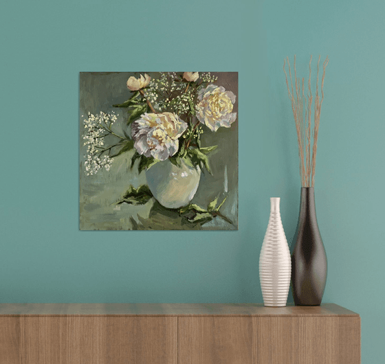 White peonies in summer