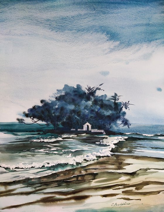 Taproban Island - medium watercolor seascape with Island