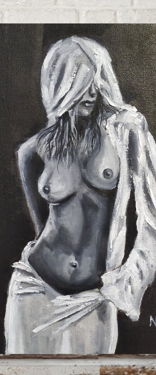 In the hood, nude erotic gestural oil painting, gift, black and white painting by Nataliia Plakhotnyk