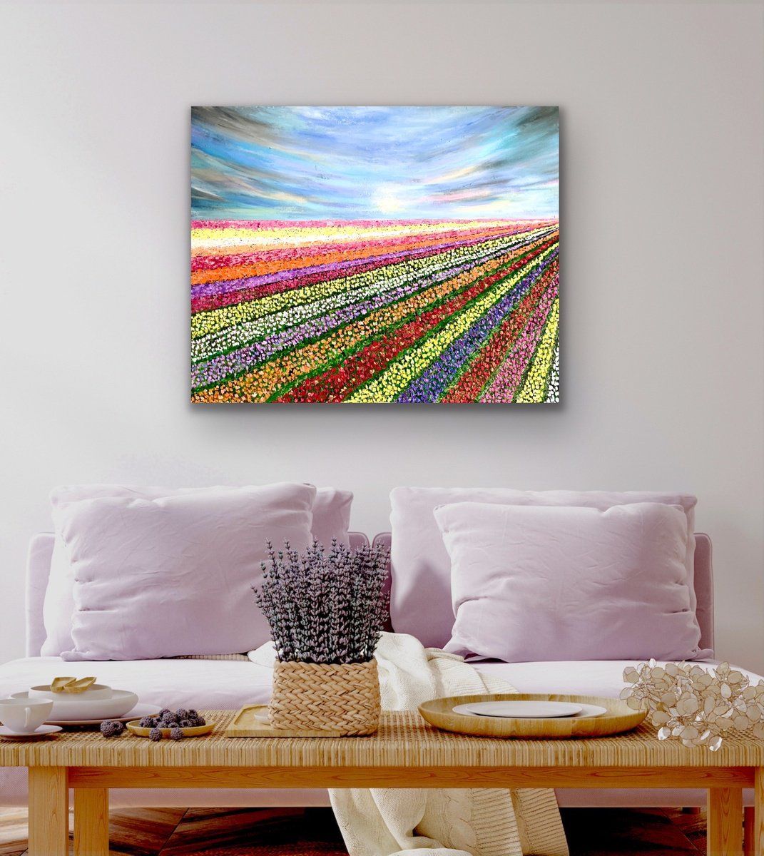 Impressionistic Landscape Acrylic Painting By Pooja Verma, 39 X 31", Rainbow Harvest - Tulip Fields Of Lisse, Original Artwork