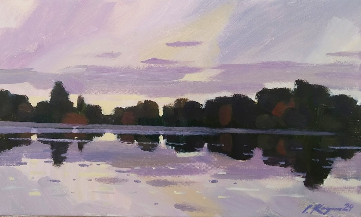 Impressionistic Landscape Acrylic Painting By Sergey Kachin, 20 X 12", Cool Morning, Original Artwork