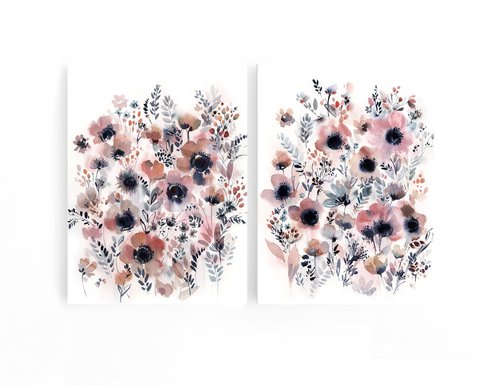 Pink Florals Watercolor Painting 2 set by Sophie Rodionov