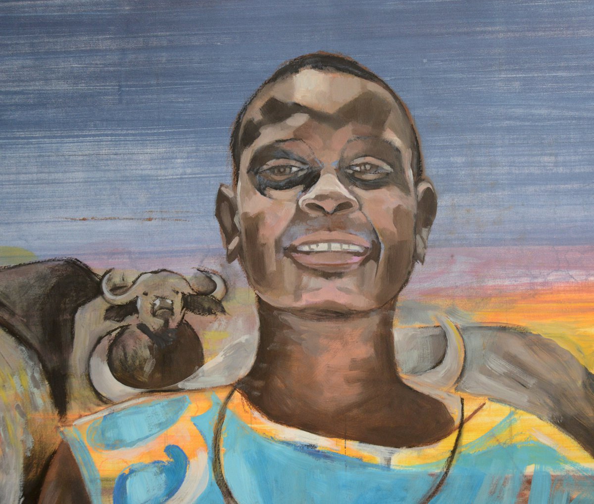 Impressionistic Portrait Painting By Isabel Hutchison, 30 X 22, Masai With Buffalo, Original Artwork