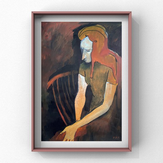 MOOD - small portrait of a girl with red hair in black, red, yellow, indigo and white colors gift idea home decor