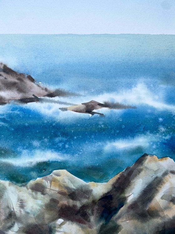 White waves. Scotland. One of a kind, original painting, handmad work, gift, watercolour art.