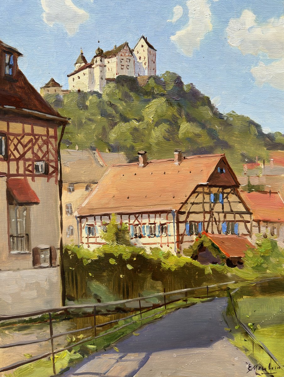 Impressionistic Cityscapes Oil Painting By Evgeniia Mekhova, 12 X 16, Medieval Castle In Bavaria, Original Artwork