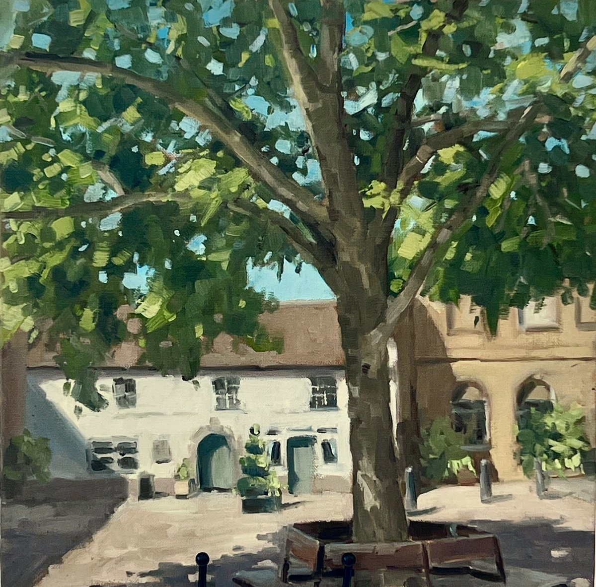 Impressionistic Cityscapes Oil Painting By Louise Gillard, 12 X 12", Wimborne Cornmarket, Original Artwork