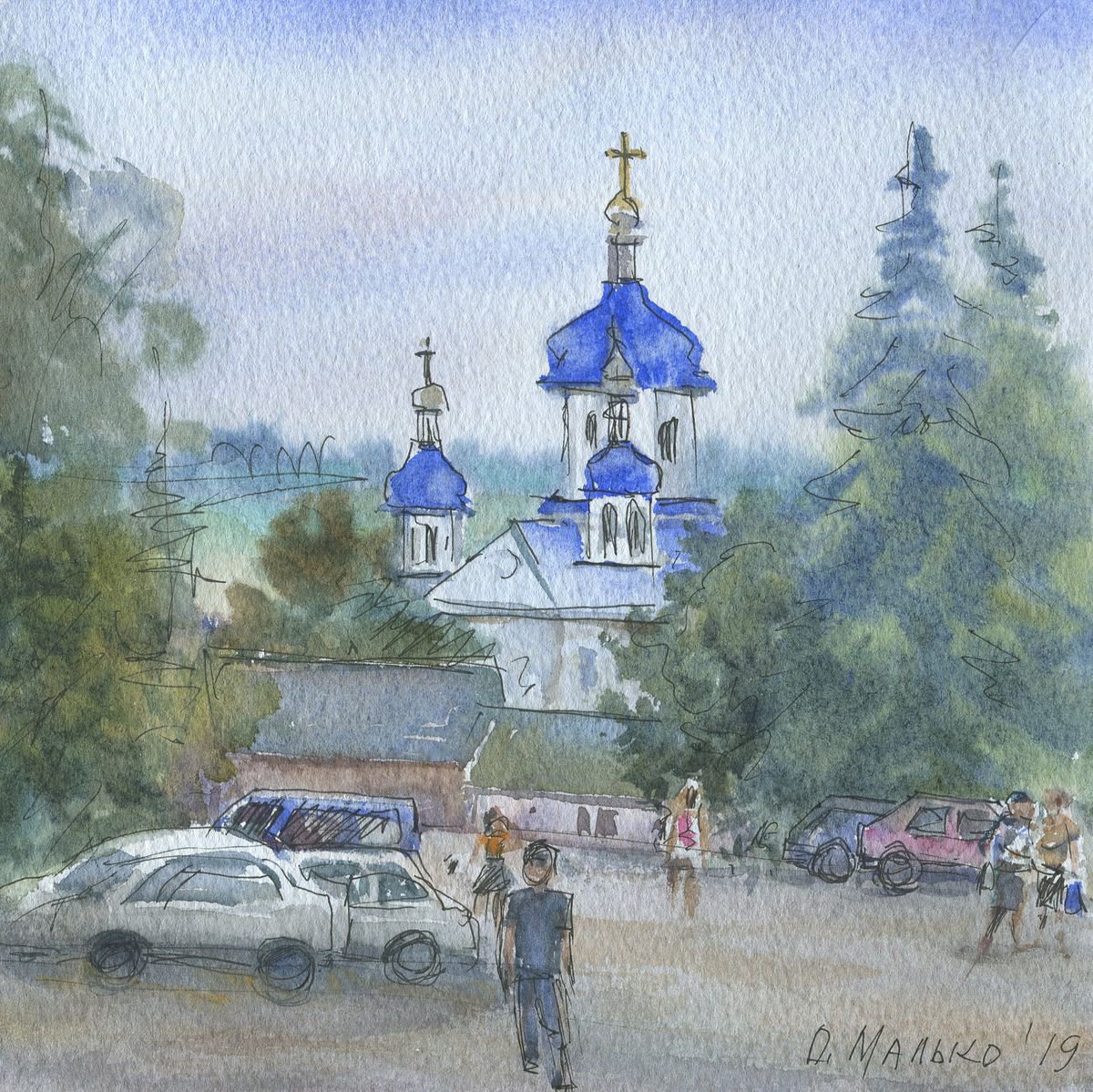 Small town. Etude with church / Study watercolor Small size wall decor by Olha Malko