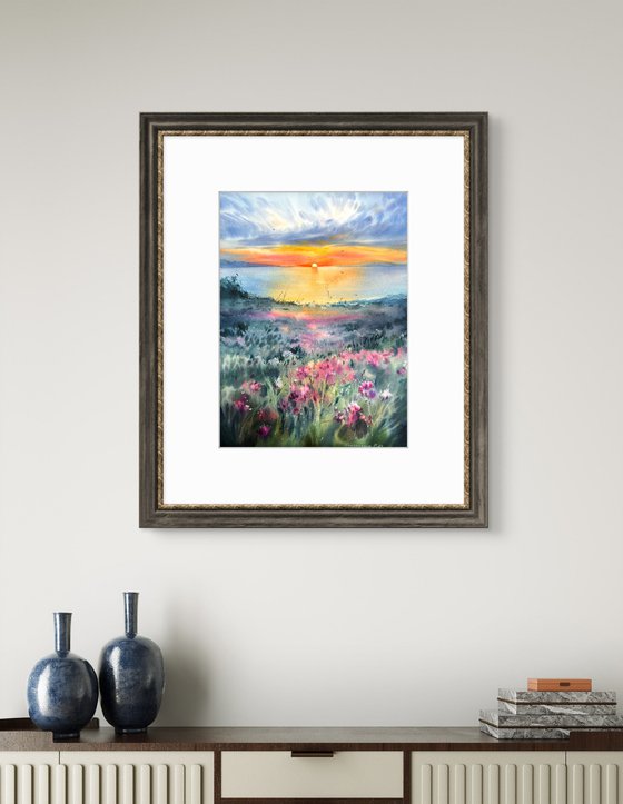 Flowers and sea at sunset