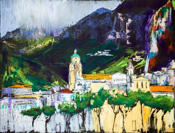 Amalfi. View from the sea. Cities of my dreams series. Medium oil pastel drawing bright colors italy