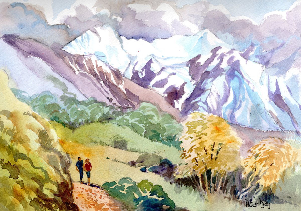 Impressionistic Landscape Watercolour By Peter Day, 17 X 13", Mt Cook & Mt Sefton,, Original Artwork